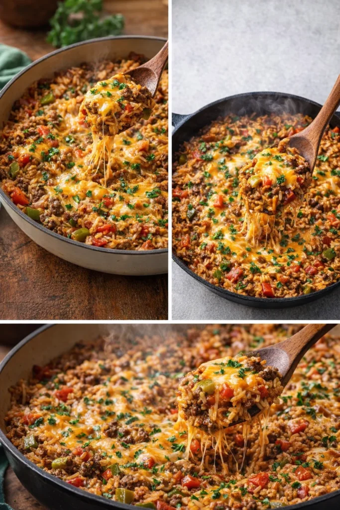 Satisfying ground beef and rice skillet dish garnished with fresh herbs