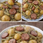 Sausage Green Bean Potato Casserole in a baking dish filled with vibrant colors