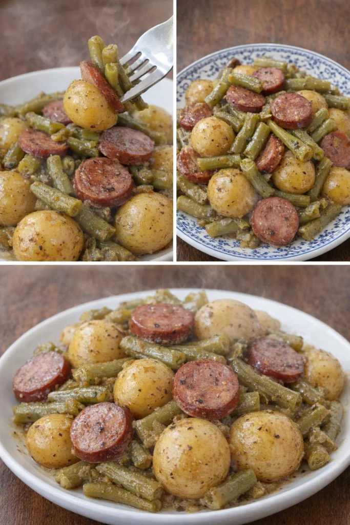 Sausage Green Bean Potato Casserole in a baking dish filled with vibrant colors