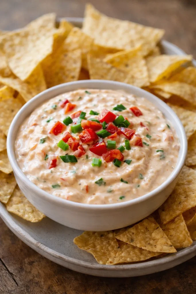 Deliciously creamy Rotel Ranch Dip served with chips for a perfect snack.
