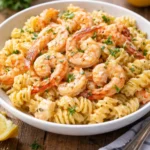Colorful seafood pasta salad with shrimp, squid, and vegetables in a bowl