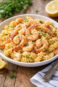 Colorful seafood pasta salad with shrimp, squid, and vegetables in a bowl