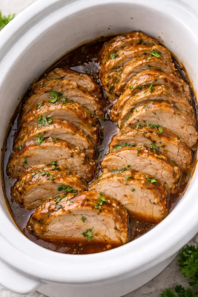 Succulent slow cooker pork tenderloin served with vegetables.