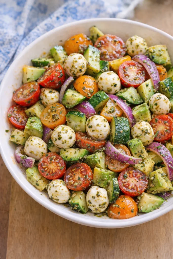 Spring Tomato Cucumber Salad with Avocado, Mozzarella, and Basil Pesto