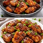 Sticky Korean Chicken Thighs served with rice and sesame seeds