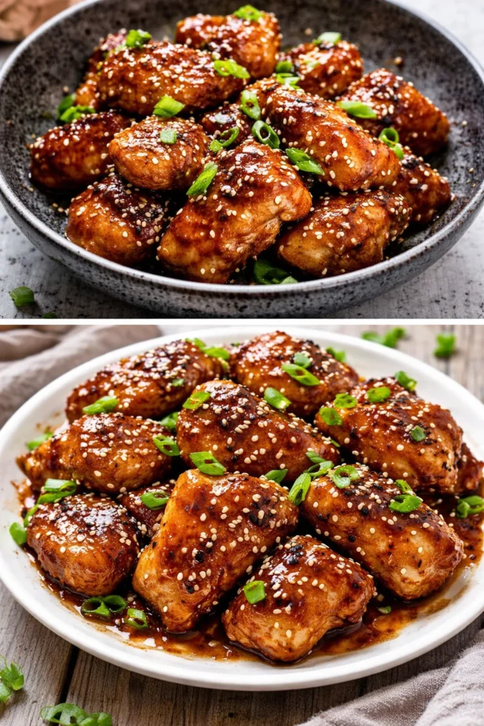Sticky Korean Chicken Thighs served with rice and sesame seeds