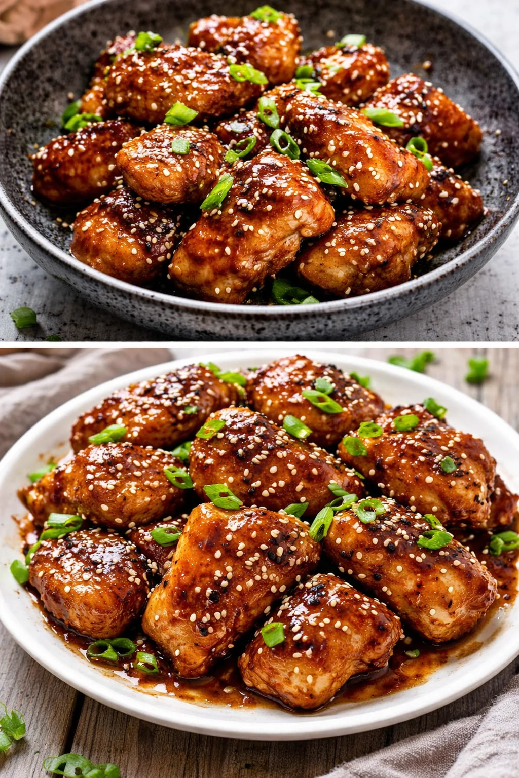 Sticky Korean Chicken Thighs served with rice and sesame seeds