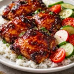 Sticky sweet chili chicken thighs served on a plate with garnish