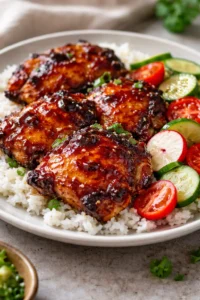 Sticky sweet chili chicken thighs served on a plate with garnish