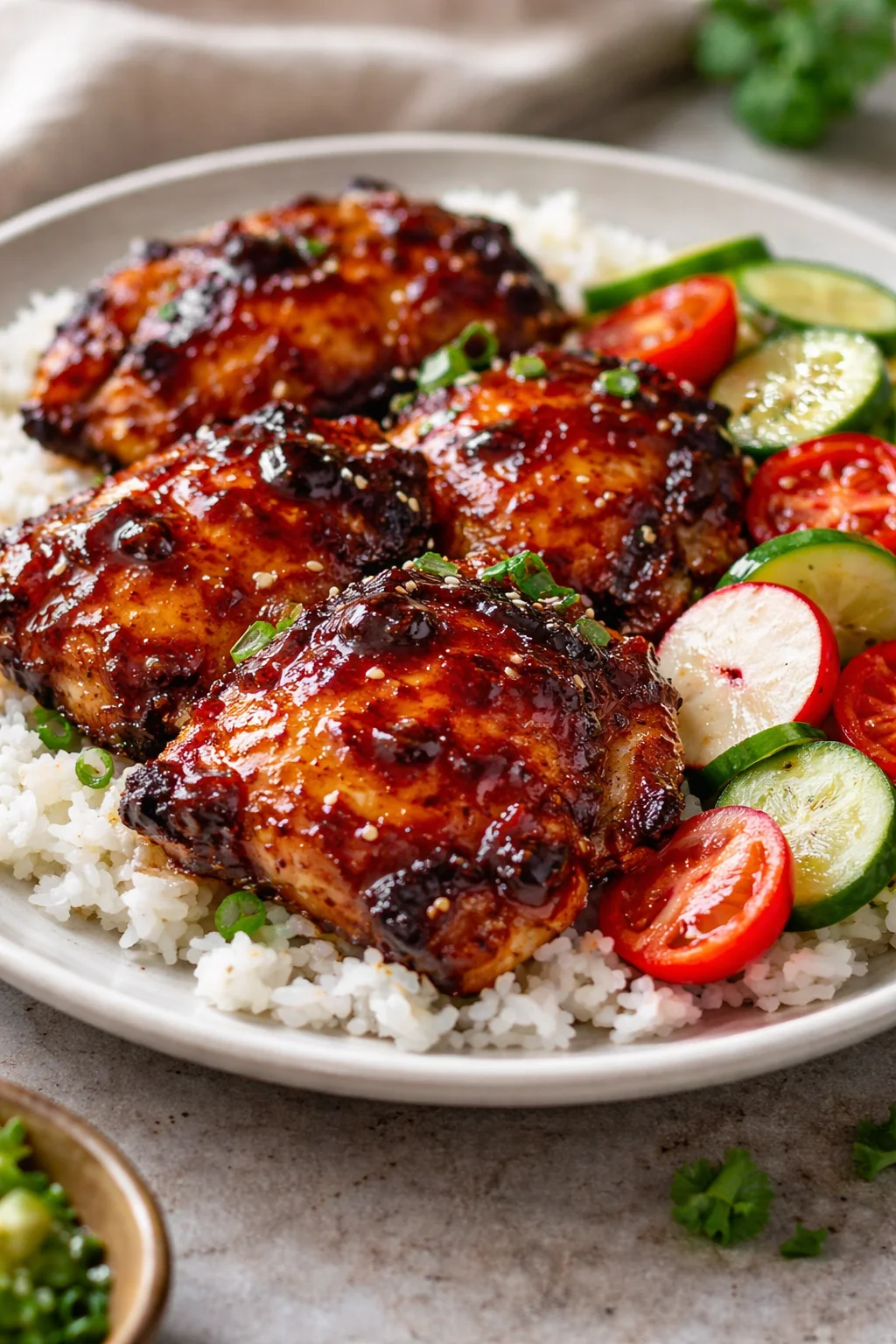Sticky sweet chili chicken thighs served on a plate with garnish