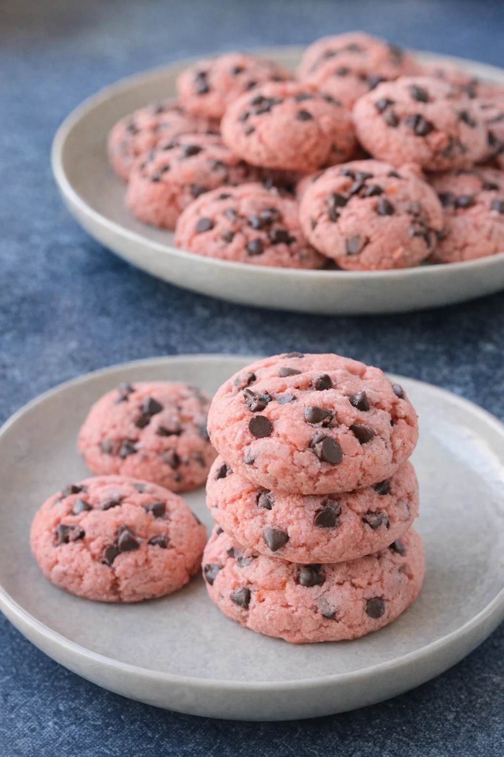 Strawberry cake mix chocolate chip cookies on a plate with fresh strawberries.