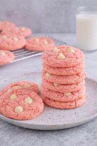 Strawberry cake mix cookies on a plate