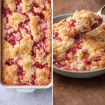 Delicious strawberry cheesecake dump cake topped with fresh strawberries