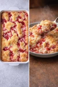 Delicious strawberry cheesecake dump cake topped with fresh strawberries
