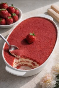 Delicious Strawberry Tiramisu dessert with layers of mascarpone and strawberries