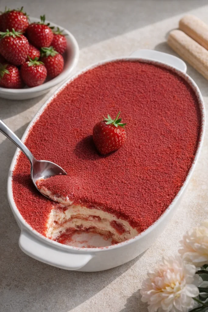 Delicious Strawberry Tiramisu dessert with layers of mascarpone and strawberries
