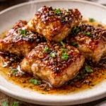 Plate of honey garlic chicken garnished with herbs.