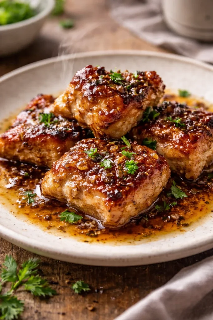 Plate of honey garlic chicken garnished with herbs.
