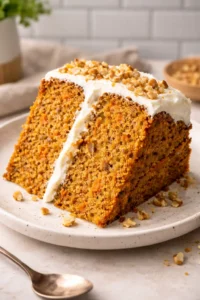 Ultimate moist carrot cake with vegan cream cheese frosting and walnuts