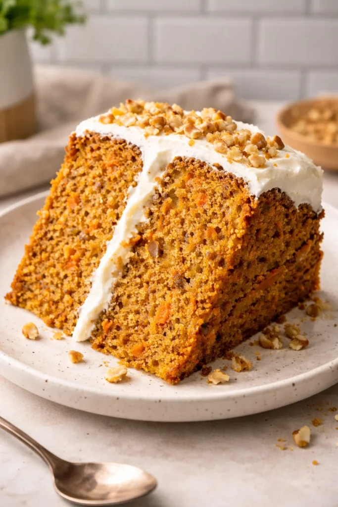 Ultimate moist carrot cake with vegan cream cheese frosting and walnuts