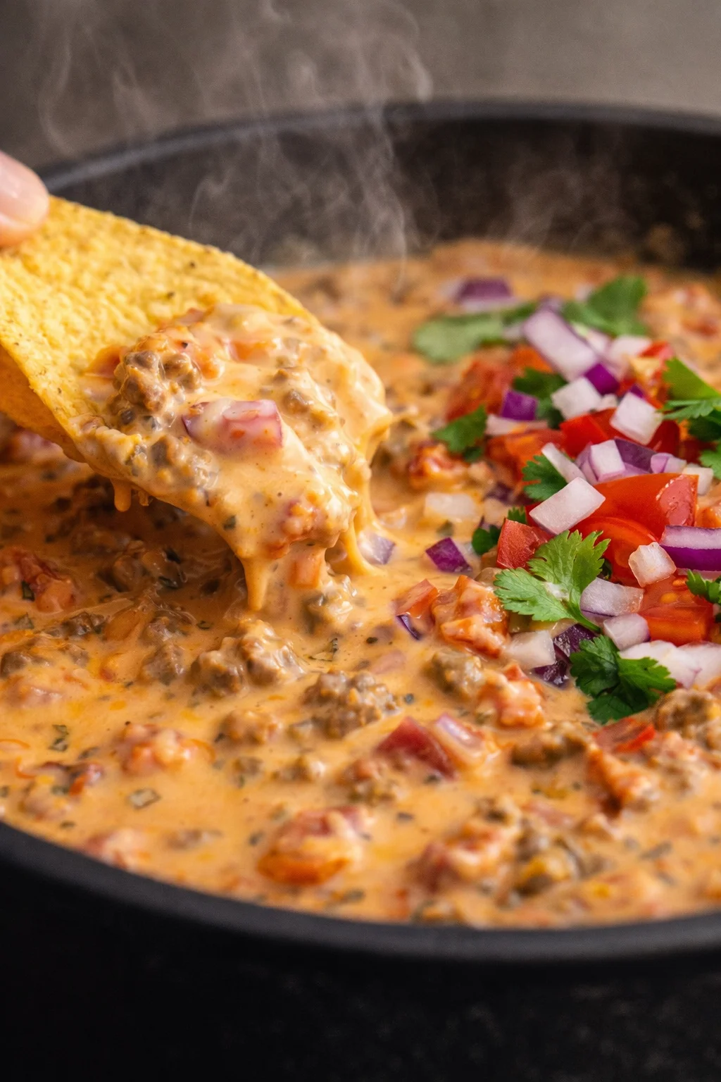Velveeta Rotel Sausage Dip in a bowl with tortilla chips