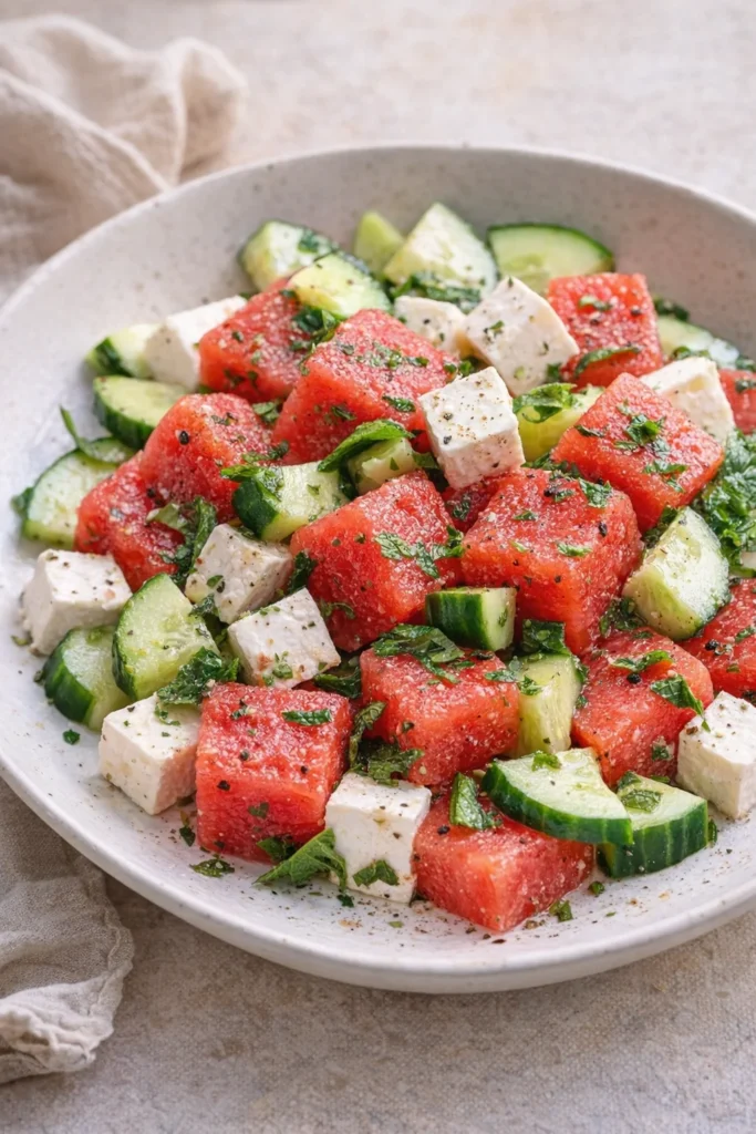 Refreshing watermelon salad with cucumber and feta cheese on a plate.