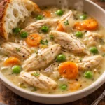A delicious bowl of white wine chicken stew with fresh herbs and vegetables.