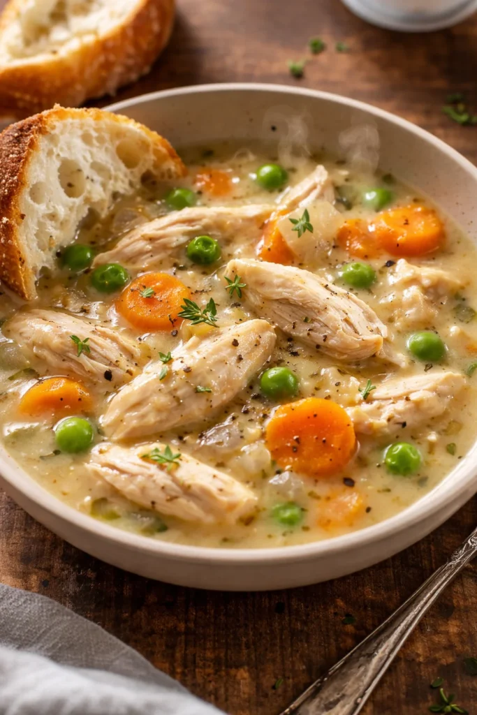 A delicious bowl of white wine chicken stew with fresh herbs and vegetables.