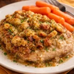 1980s slow cooker chicken recipe with stuffing in a cozy kitchen setting.
