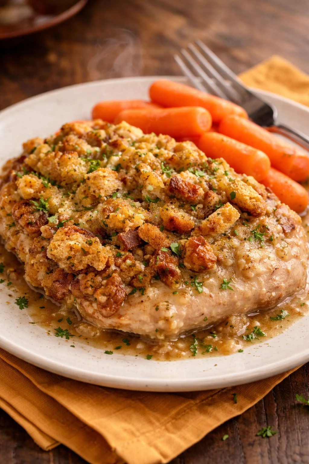 1980s slow cooker chicken recipe with stuffing in a cozy kitchen setting.
