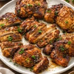 Air fryer boneless chicken thighs served with vegetables on a plate
