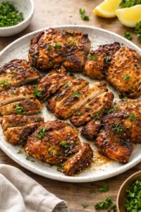 Air fryer boneless chicken thighs served with vegetables on a plate