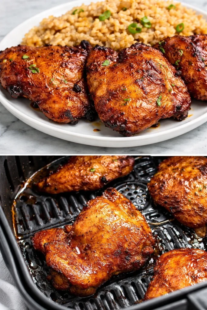 Crispy air fryer chicken thighs cooked to perfection without skin or bones.