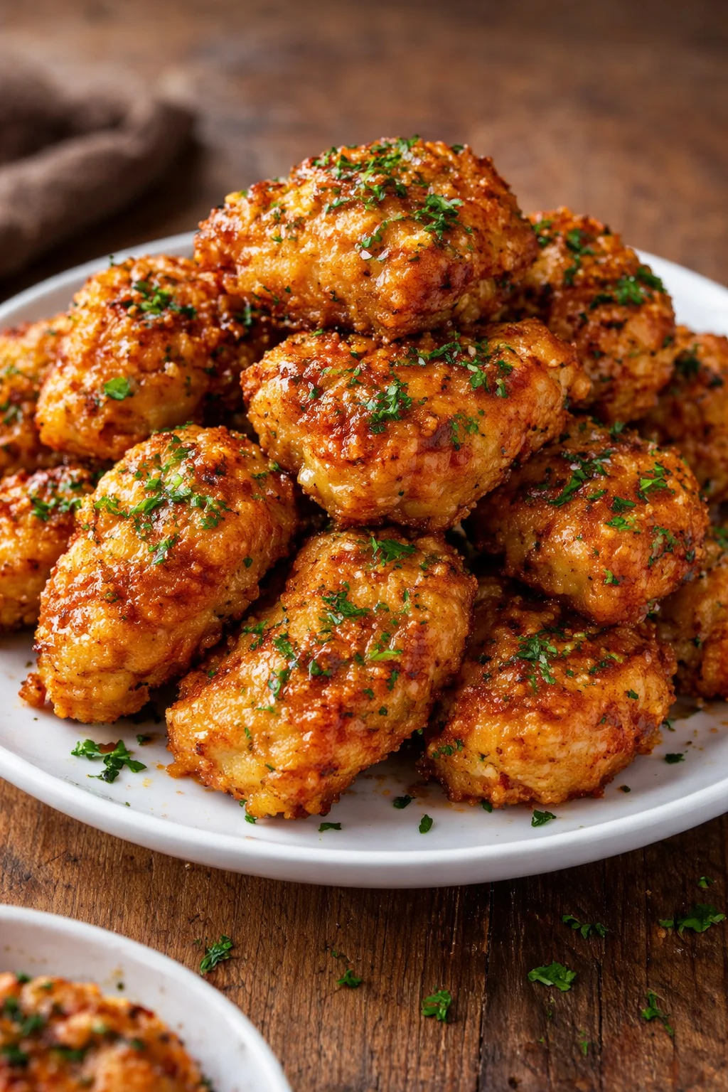 Delicious air fryer chicken bites served on a plate.