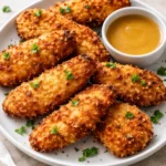 Golden crispy air fryer chicken tenders served with dipping sauce