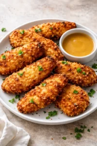 Golden crispy air fryer chicken tenders served with dipping sauce