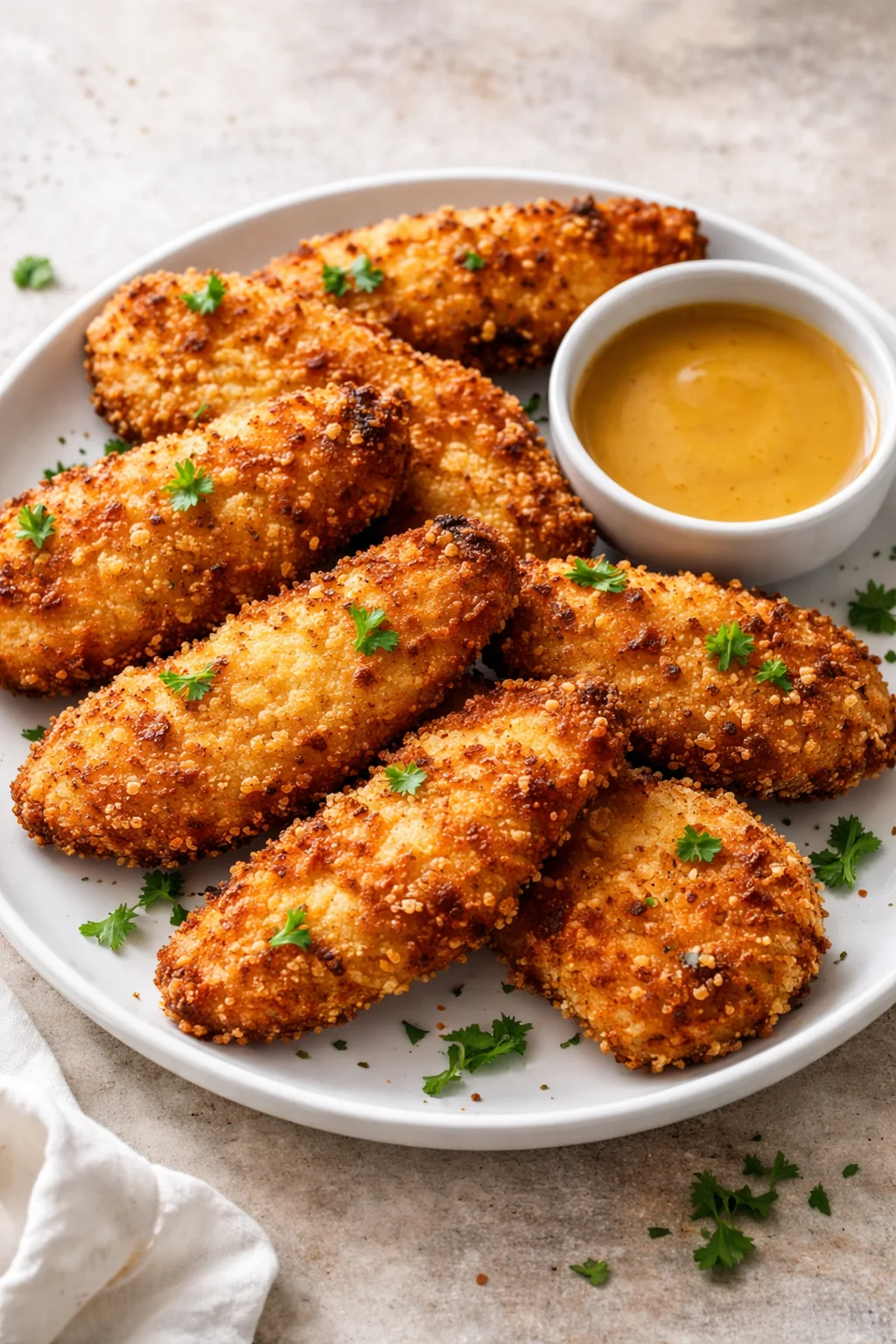 Golden crispy air fryer chicken tenders served with dipping sauce