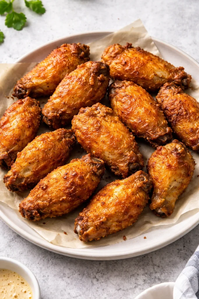 Crispy air fryer chicken wings garnished with herbs on a plate.