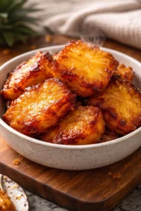 Crispy air fryer pineapple chunks served on a plate