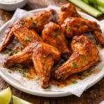 Delicious air fryer whole wings served with dipping sauce.