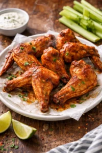 Delicious air fryer whole wings served with dipping sauce.