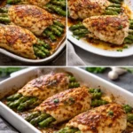 Asparagus stuffed chicken breast served on a plate with garnishing.