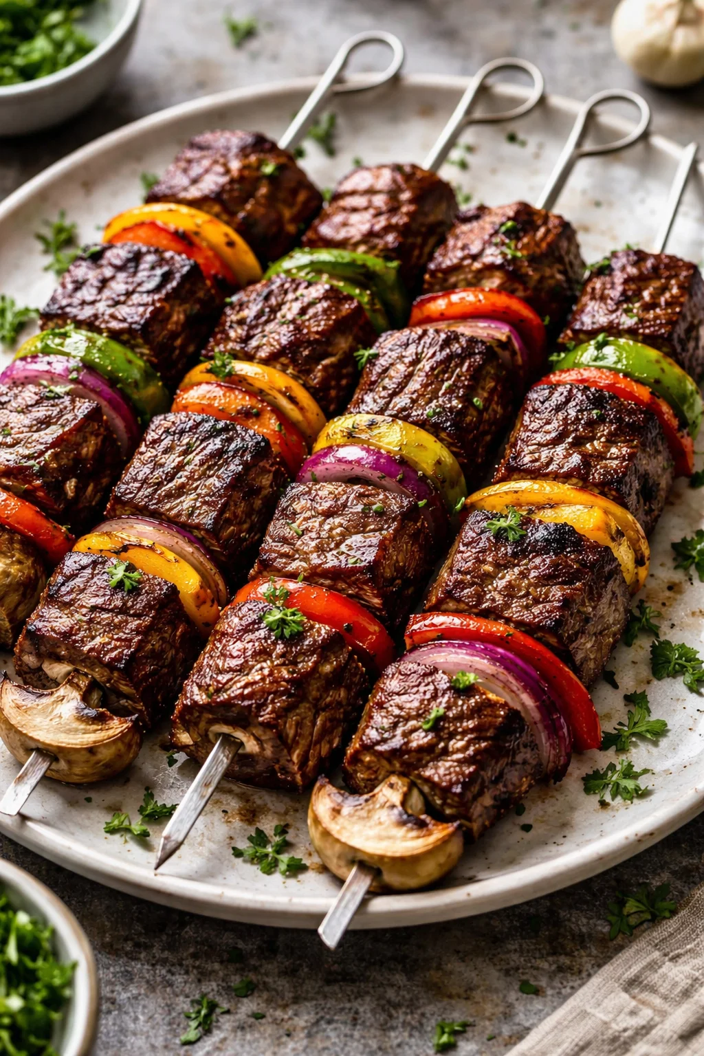 Delicious beef shish kabobs grilled with vegetables on skewers.