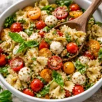 Bruschetta Pasta Salad with mini mozzarella balls garnished with fresh basil
