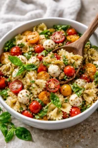 Bruschetta Pasta Salad with mini mozzarella balls garnished with fresh basil