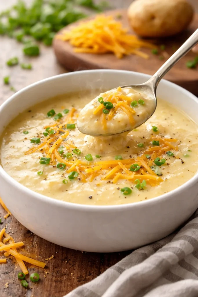 Delicious bowl of creamy cheesy potato soup with fresh toppings