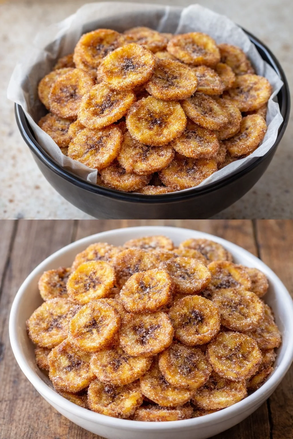 Cinnamon-sugar air fryer banana chips in a bowl ready to be enjoyed