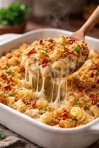 Delicious serving of Classic Crack Chicken Casserole with creamy sauce and chicken.