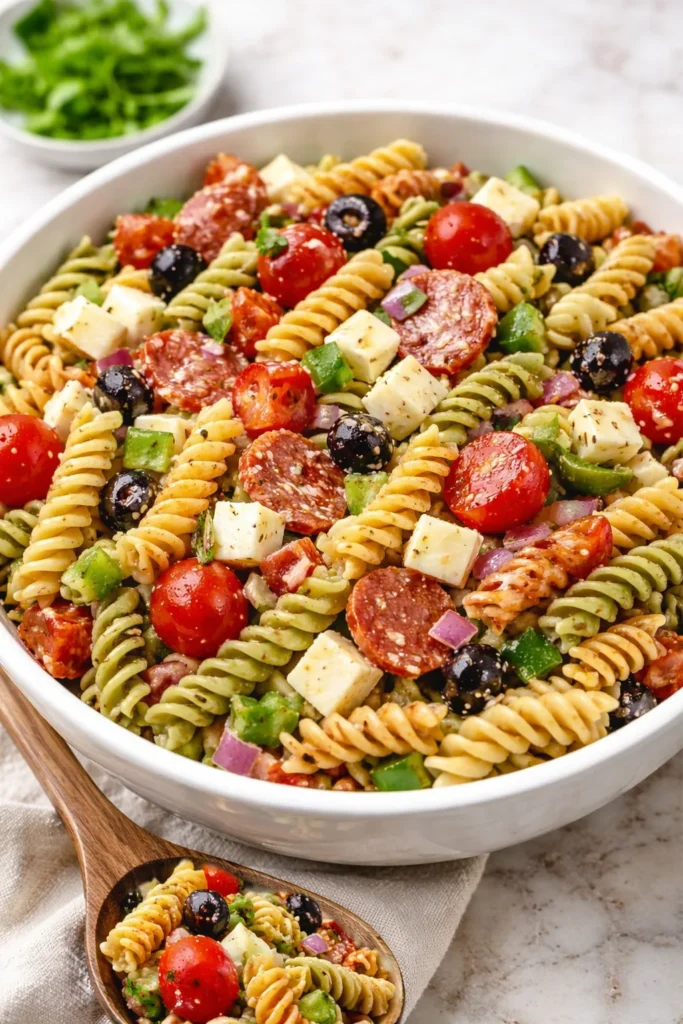 Classic pasta salad recipe with colorful vegetables and dressing