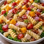 A vibrant club sandwich pasta salad with colorful ingredients and dressing.